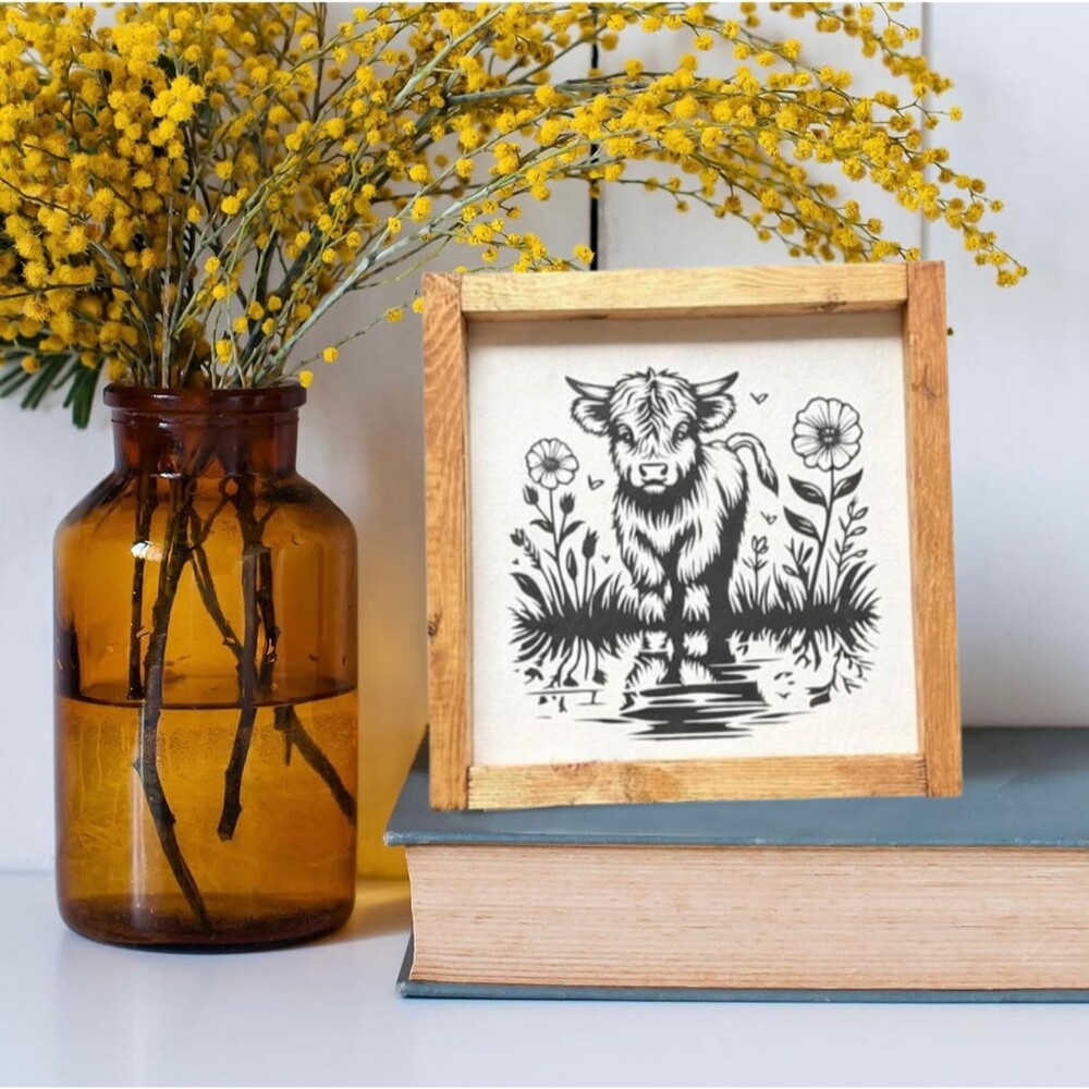 Handcrafted Handmade Highland Cow Flowers water Reflection 9X9 Rustic sign NEW